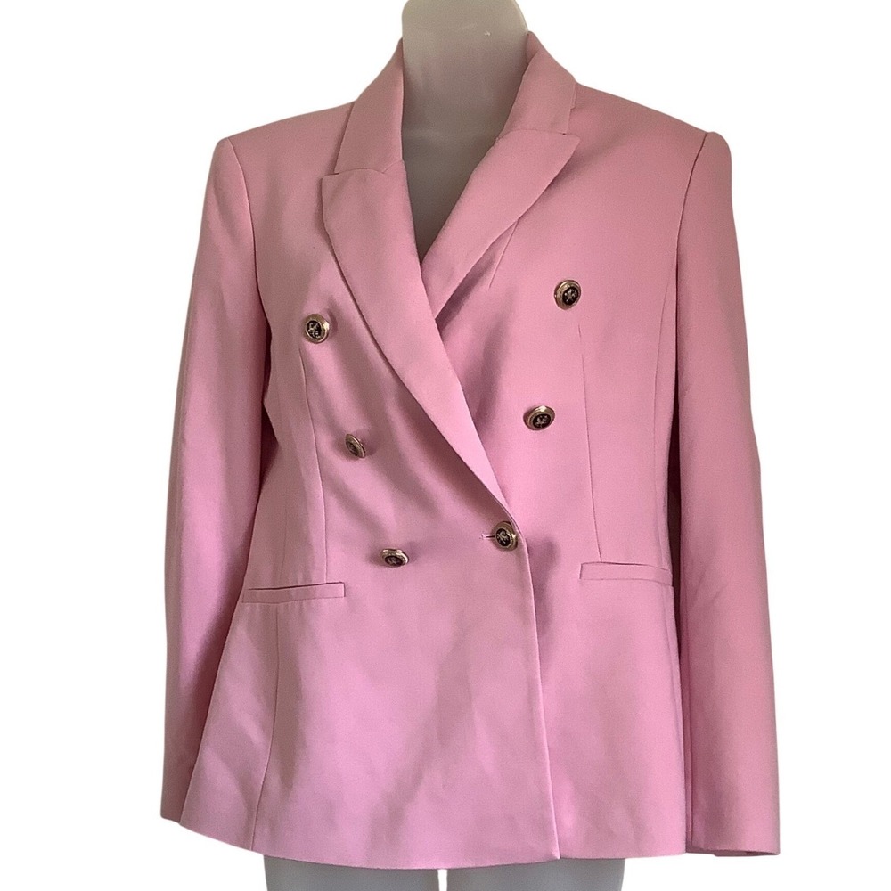 Zara Pink Double Breasted Blazer Gold Crest Buttons Small Tailored‎ Jacket
